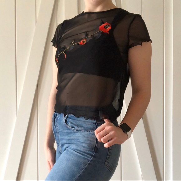 SHEER BLACK BLOUSE WITH ROSE - Picture 2 of 3